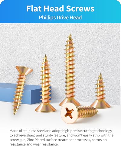 600Pcs Stainless Steel Zinc Plated Wood Screws Assortment Kit, #4#6#8#10#12 Phillips Flat Head Sheet Metal Screws Self Tapping Screws Set,Length 3/8" to 2" (Gold-Flat Head) - color: Gold