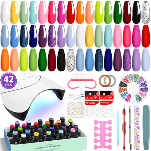 VANREESA 42 Pcs Gel Nail Polish Kit with U V Light 24 Colors Gel Polish Nail Kit Bright Pink Orange Green Glitter Blue Purple Nail Kit for Beginners Gifts for Women DIY at Home - color: Bright & Stylish Collection