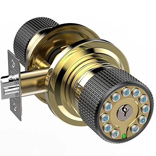 iulock Smart Door Knob with Keypad and Key,Keyless Entry Door Lock with Rubber Grip, Auto Lock,50 User Code,Waterproof, Easy to Install and Program for Bedroom Garage Office Gate (Golden) - color: Gold
