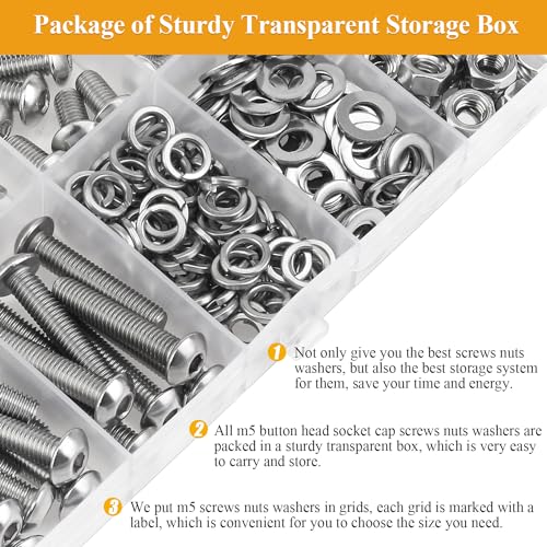 245 Pieces M5 Screws Nuts Washers Set, Sutemribor M5 x 6/8/10/12/16/20/25mm Button Head Socket Cap Screws Nuts Washers Assortment Kit, 304 Stainless Steel, Fully Threaded - size: M5, style: Button Head Socket Cap