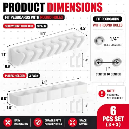 Junkin 6 Pcs Pegboard Screwdriver Holder and Pliers Organizer Set, White - color: White