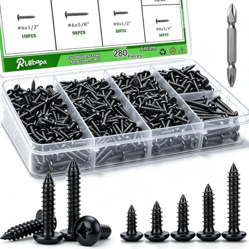 280Pcs Black Pan Head Wood Screws Assortment Kit,304 Stainless Steel Self Tapping Wood Screws #6/#8 Screw Kit,Round Head Screws Phillips Drive, Sheet Metal Screws - size: 280PCS-BK
