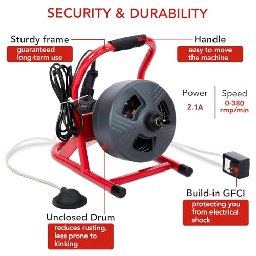 Drain Cleaner Machine 50Ft x 5/16 Inch, Electric Drain Auger Professional, Foot Switch with 6 Cutters, Glove, Drain Auger Cleaner Sewer Snake for 3/4 to 3 Inch Pipes - style: L