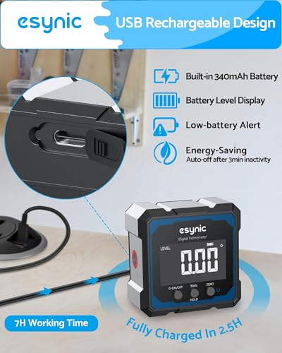 eSynic High Precision Digital Angle Finder with Laser-USB-C Rechargeable-4 Sides Magnetic Digital Angle Gauge-Rugged Aluminum Alloy Frame-for Construction (Laser Level: Class II Output: 0.51mW)