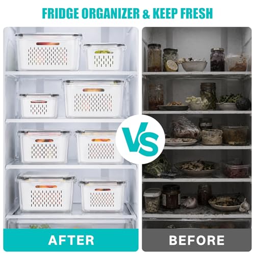 HOMETALL 5 Pack Fruit Storage Containers for Fridge Set, Fruit Washing Bowl with Strainer, Reusable Fridge Organizers and Storage for Berry Salad Lettuce, Size 4.5, 3.4, 1.8, 0.9, 0.4QT - size: 5PCS