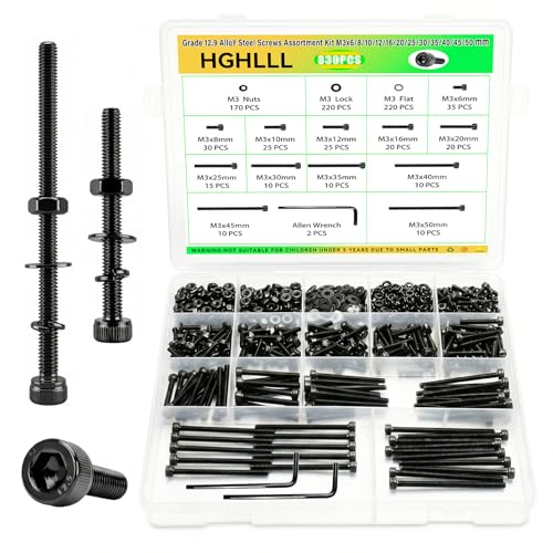830 Pcs Metric Machine Screws Assortment Kit, M3x6/8/10/12/16/20/25/30/35/40/45/50 mm Grade 12.9 Alloy Steel Hex Socket Cap Head with Nuts and Bolts, Lock & Flat Washers for DIY, 3D Printer - size: M3x6/8/10/12/16/20/25/30/35/40/45/50mm 830pcs
