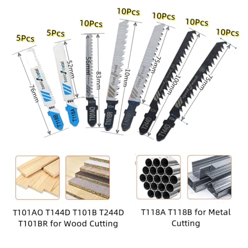 60Pcs Jigsaw Blades Set, Contractor Assorted T Shank Jig Saw Blades, Multi-Purpose HCS/HSS Blades for Cutting Wood/Plastic/PVC/Metal (T118A T118B T101AO T101D T101B T101BR T144D T244D T111D T111C)