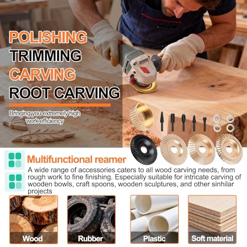 14PCS Angle Grinder Wood Carving Disc Set - 5Pcs 4"/4.5" 45# Carbon Steel Discs with 5 Rotary Burrs & 4 Adapter Rings, for Cutting, Polishing & Sculpting Hardwood/Softwood