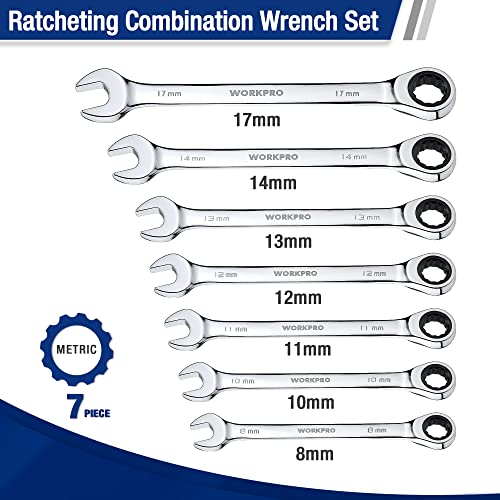 WORKPRO 7-Piece Ratcheting Combination Wrench Set, Metric 8-17mm - size: Metric
