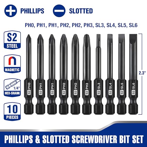 WORKPRO 10PCS Slotted Phillips Screwdriver Bit Set, Magnetic 1/4" Hex Shank - color: Phillips&slotted