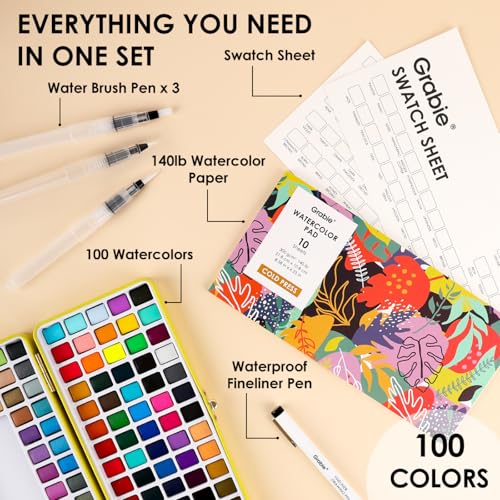 Grabie Set of 100 Color Watercolor Paint Set with Brush Pens - color: 100 Colors（New）