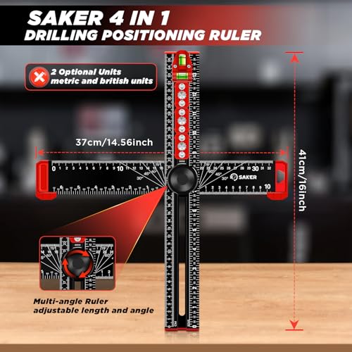 Saker 4-in-1 Drilling Positioning Ruler, Adjustable 13.78in Multifunctional T Square Ruler, Cabinet Hardware Jig, Marking Gauge Tools for Woodworking, Cabinet Drawer Door Hole Drilling Template - size: 13.78inch T Square Ruler