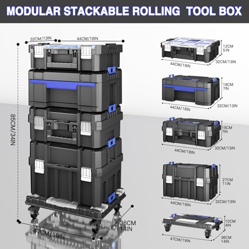 AIRAJ 4 Tier Rolling Tool Box with Wheels, 18” Stackable Tool Box Organizer