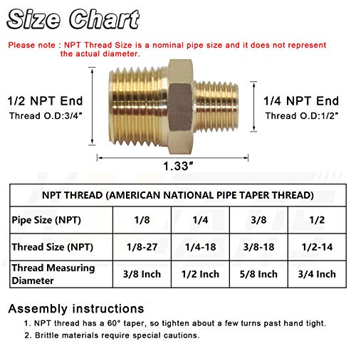 KOOTANS 1/2 NPT x 1/4 NPT Male Solid Brass Hex Nipples,4 PACK - size: 1/2 NPT x 1/4 NPT (O.D x O.D: 3/4'' x 1/2'')