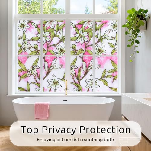 rabbitgoo Stained Glass Window Privacy Film, Pink Lily, 17.5" X 78.7" | Anti UV Heat Blocking Frosted Glass Static Cling Removable, for Bathroom, Bedroom, Living Room - color: Pink Lily, size: 17.5" x 78.7"