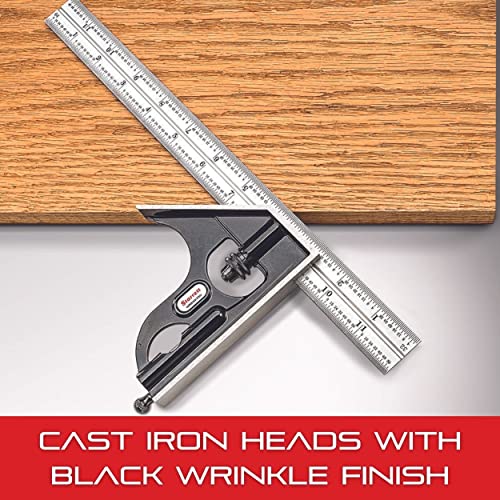 Starrett Steel Combination Square with Square Head - 24" Blade Length, Cast Iron Heads, Reversible Lock Bolt, Scriber, Spirit Level, 4R Graduation Type - 11H-24-4R