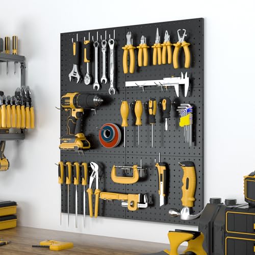 Spampur Peg Board, 6 Pack Metal Pegboard Panels with 50 Hooks - color: Black, size: 16x12"- 6 Pcs