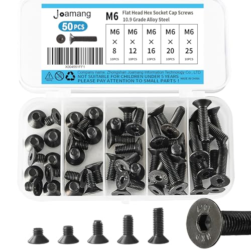 M6 x 8mm 12mm 16mm 20mm 25mm Flat Head Hex Socket Cap Screws Countersunk Bolts, 10.9 Grade Alloy Steel, Black Oxide Finish, Metric Allen Drive, Fully Threaded, Assortment Kit 50Pcs - size: M6 x 8/12/16/20/25 mm