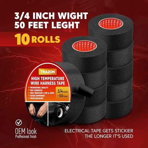 Wire Harness Tape 5 Pack 3/4" x 50Ft (250Ft Total) - High Temperature Cloth Electrical Tape, OEM Automotive Fabric Tape, Self-Adhesive Wiring Loom Wrap, Heat Resistant, No Residue for Car, Marine, RV