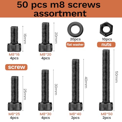 50 Pcs M8 Bolts Kit M8x 16/20/25/30/40/50 mm M8 Screw Kits - color: Black, size: M8x16mm-50mm 50Pcs