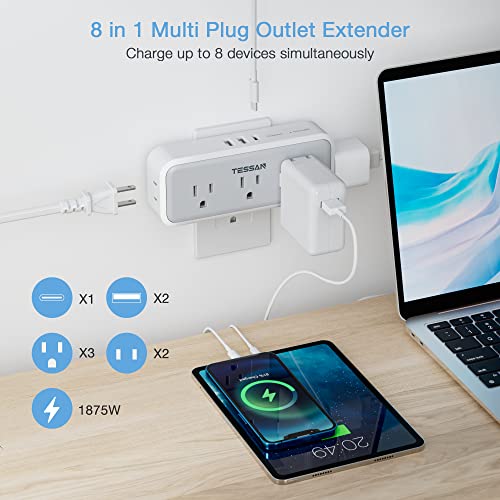 TESSAN Multi Plug Outlet Extender, USB C Wall Charger, Surge Protector,Grey - color: Gray, size: 5 Outlets (USB-C)