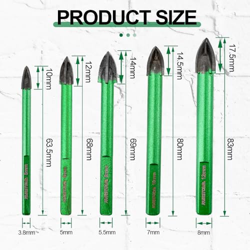 Masonry Diamond Drill Bit - 10pcs 3/16"-1/2" Concrete Diamond Hole Saw Set for Wood Plastic Brick Ceramic Tile Etc, Triangle Shank Fixed on Drills - size: 5/6/8/10/12mm*2, style: Triangle Shank