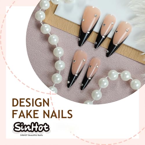 SINHOT Stiletto Press on Nails - Long Fake Nails, Glossy Finish, 3D Rhinestones & Black French Tip, DIY Artificial False Nail Art - 24 Pcs Nail Kit with Glue