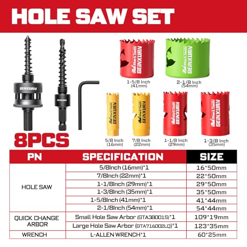 GEINXURN 9PCS Hole Saw Kit 5/8'' to 2-1/8'' (16mm-54mm) with Hole Saw Mandrel and Hex Wrench,HSS Bi-Metal Hole Cutter with Shark Tooth for Wood,Drywall, PVC Boards and Thin Metal - color: 9PCS 5/8“-2-1/8” Hole Saw Set with Mandrel