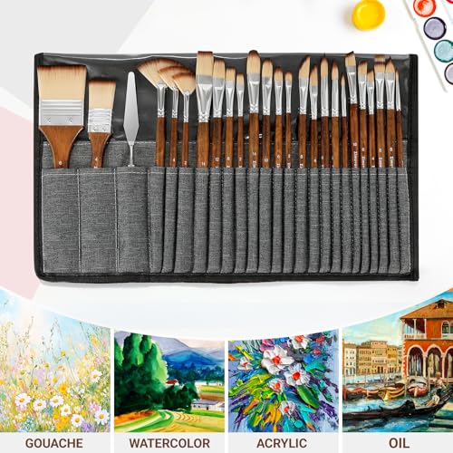 25pcs Paint Brush Set, Professional Paint Brush Set with Cloth Roll and Paint Spatula, Nylon Brushes for Acrylic Painting,Watercolor,Oil,Gouache, Art Supplies for Beginners and Artists (Wood)
