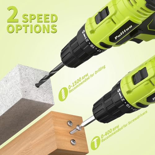 PULITUO'S 20V Cordless Drill/Driver, Electric Screwdriver - 2 Batteries, 30Nm, 21+1 Torque, 2 Speed, Keyless 3/8" Chase Drill with LED Light, Kit for Home (Green) - style: 20V Drill (green)- double