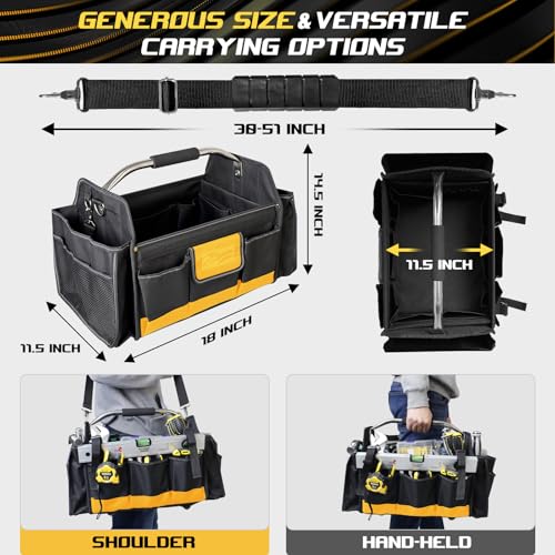 18 Inch Open Top Tool Bag, Tool Bags for Men with 30 Pockets, 1680D Waterproof Fabric, Foldable Electrician Tool Bag with Rotating Handle, Reflective Tool Organizer for Men, Yellow - color: Black-Yellow