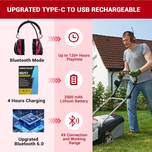 Bluetooth 6.0 AM FM Radio Headphone,Earmuff for Mowing,Construction - color: Red