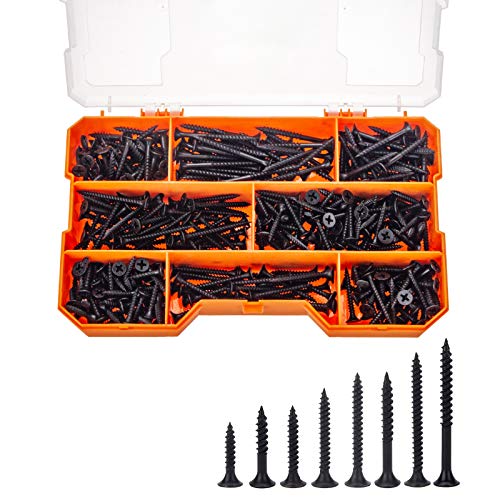 380pcs Drywall Screws Kit, 8 Sizes Wood Screws, Black Steel Drywall Screws Phillips Bugle Head and Black Phosphate Finish Self Tapping Screws Assortment for Wood Drywall Sheetrock