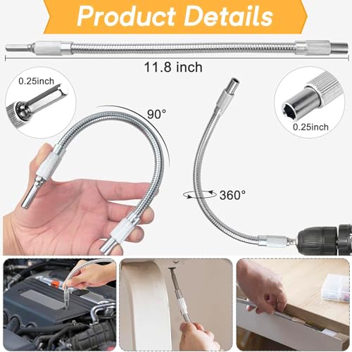 17Pcs Tools Flexible Drill Bit Extension,Include 3Pcs Rotatable Socket Adapter 2Pcs Hex Shank 105° Right Angle Drill Attachment 10 Short Screwdriver Bits 90° Angled Bits & Bendable Drill Bit Extension - color: 16*black