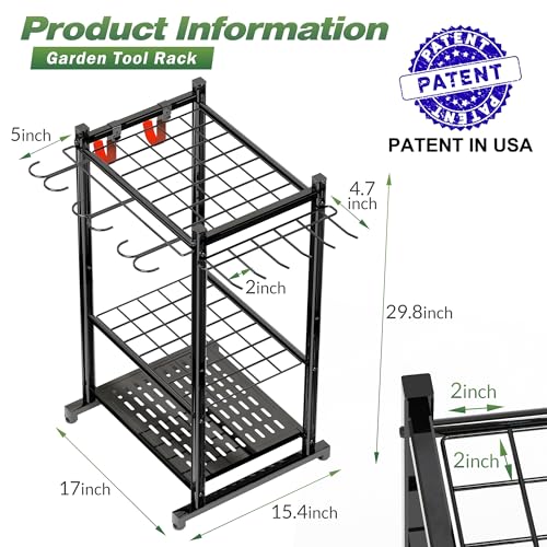 Sttoraboks Garden Tool Organizer Rack Up to 50 Tools, Heavy-Duty Steel Yard Tool Organizer for Garage Storage with 11 Hooks, Broom Holder & Garden Tool Rack for Shed, Patio, Outdoor Use, Black - style: Rack with hooks