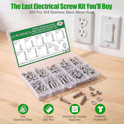 250 Pcs #8-32 Pan Head Machine Screws Nut Washer Bolt Kit,304 SS - size: SS 250Pcs #8-32（1/4" to 1-1/4" ） Pan