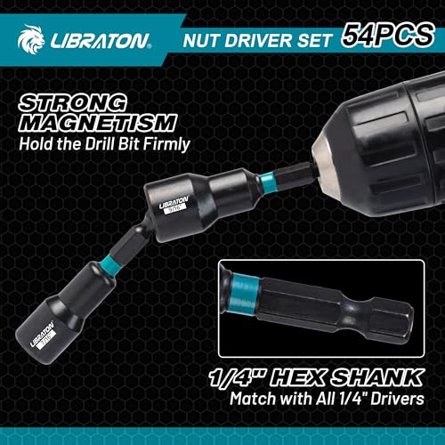 LIBRATON 54PCS Magnetic Nut Driver Set, Impact Drill Driver Bit Set 1/4"