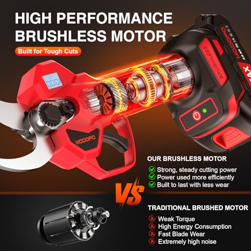 Electric Pruning Shears, Upgraded 2.1" Cutting Garden Shears with LCD Display, Brushless Motor Cordless Power Pruner with 2.0 Ah*2 Batteries for Garden Tree Pruner Branch - style: 2.1" red