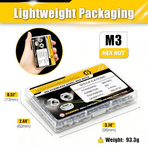 250Pcs M3 Stainless Steel Hex Nuts M3-0.5 Metric 304 A2-70 - size: Metric M3;250pcs