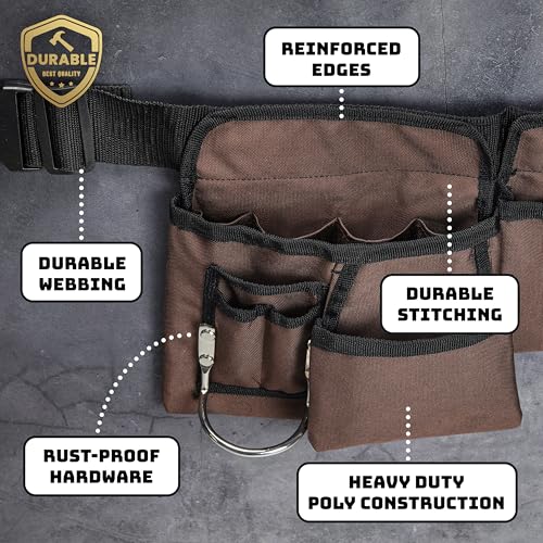 11 Pocket Brown and Black Heavy Duty Construction Tool Belt, Work Apron, Tool Pouch, with Poly Web Belt Quick Release Buckle - Adjusts from 33” Inches All the Way to 50” Inches