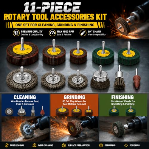 11-Pc Rotary Tool Kit, 1/4" Drill Brush Set for Rust Removal