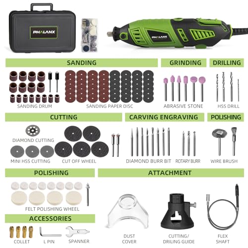 180W Rotary Tool Kit, 1.5-Amp PHALANX 6 Variable Speed with Flex Shaft, 8000-32000RPM Multi-Tool& 139pcs Accessories Kit, Power Multiuse Set Prefect for Crafting Projects and DIY Creations… - color: 139pcs Rotary Tool