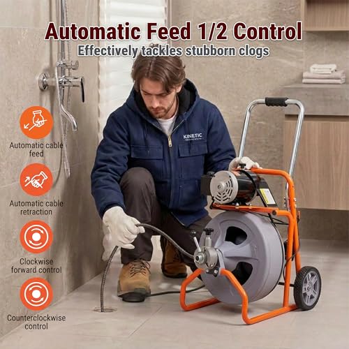 HoldwellS 75FT x 1/2 Inch Drain Cleaner Machine, Auto Feed Electric Drain Auger for 2"-4" Pipes, Enclosed Plastic Drum with 4 Cutters & Pneumatic Foot Switch, Sewer Snake Auger - color: 75FT x 1/2inch (Auto Feed)