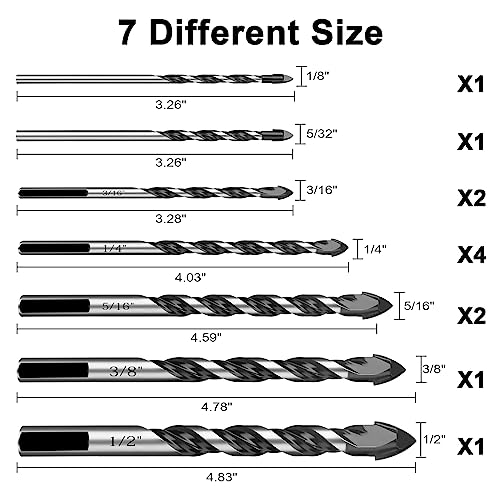 12 Pcs Masonry Drill Bits Set (1/8"-1/2"), Concrete Drill Bit