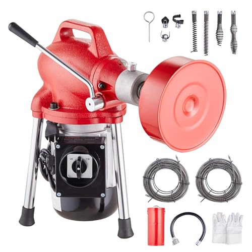 VEVOR Drain Cleaner Machine 120FT x 5/8 Inch, 370W Electric Sewer Snake Auger Manual Feed - with 2 Sectional Steel Cables(120' x 5/8" and 23' x 3/8"), 7 Cutters and CW/CCW Control for 1.6" to 4" Pipes - style: 120Ft x 5/8Inch & 7 Cutters