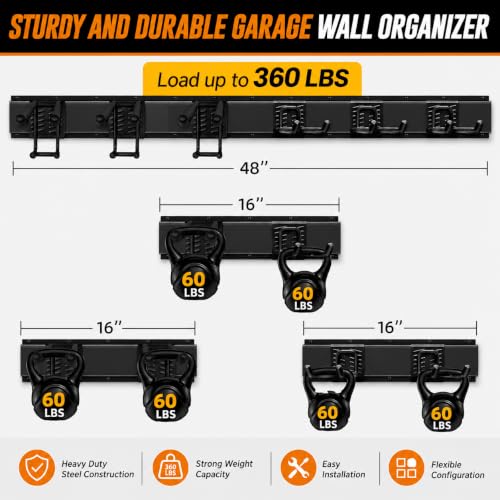 Garage Tool Organizer Wall Mount, Heavy Duty 48 Inch Garage Storage System with Adjustable Hooks, Garden Tool Rack for Shovel Rake Broom Snowboard Shed Organization - size: 48" Alloy Steel