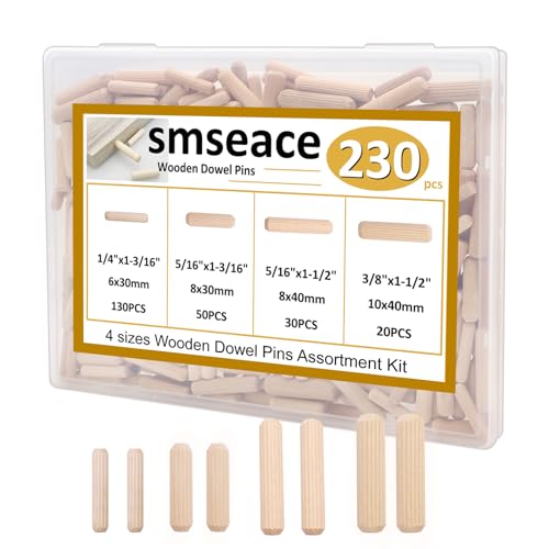 smseace 230Pcs Wooden Dowel Pins 1/4inch 5/16inch 3/8inch, Fluted Wood Dowels Rods for Crafts, Furniture, DIY Manual - size: 230Pcs - 4 Sizes