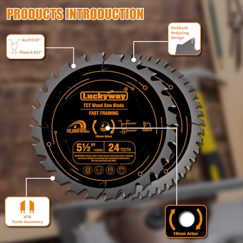Luckyway 5 1/2 Inch Circular Saw Blade (10mm Arbor), with Tungsten Carbide Tip Teeth 24T Framing & 48T Fine Finish for Cutting Wood Plywood MDF Plastic Veneer Lumber Laminate
