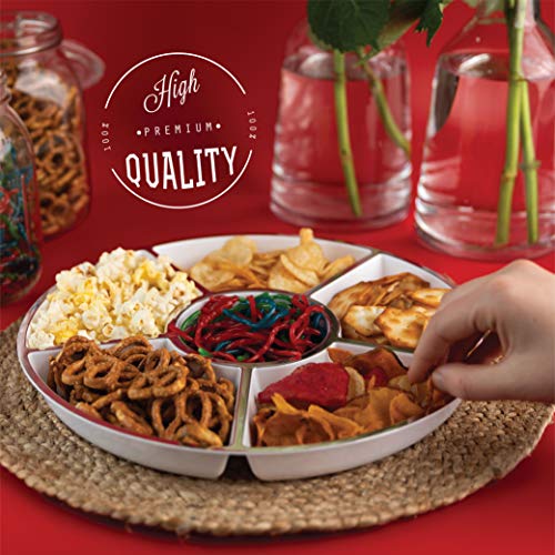 6 Sectional Round Plastic Serving Tray/Platters White W Silver Rim Pack of 2 - color: White & Silver