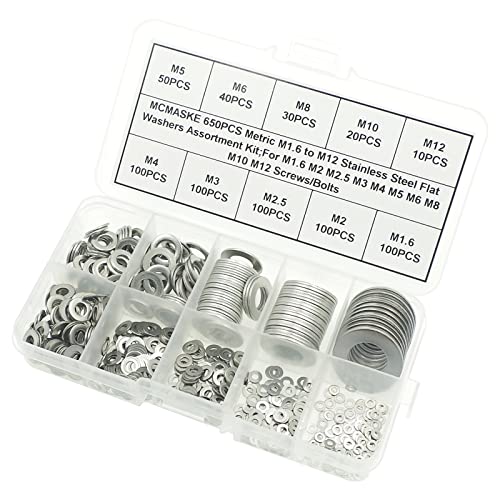Metric M1.6 to M12 Flat Washers Assortment Kit,304 Stainless Steel,for M1.6 M2 M2.5 M3 M4 M5 M6 M8 M10 M12 Screws/Bolts